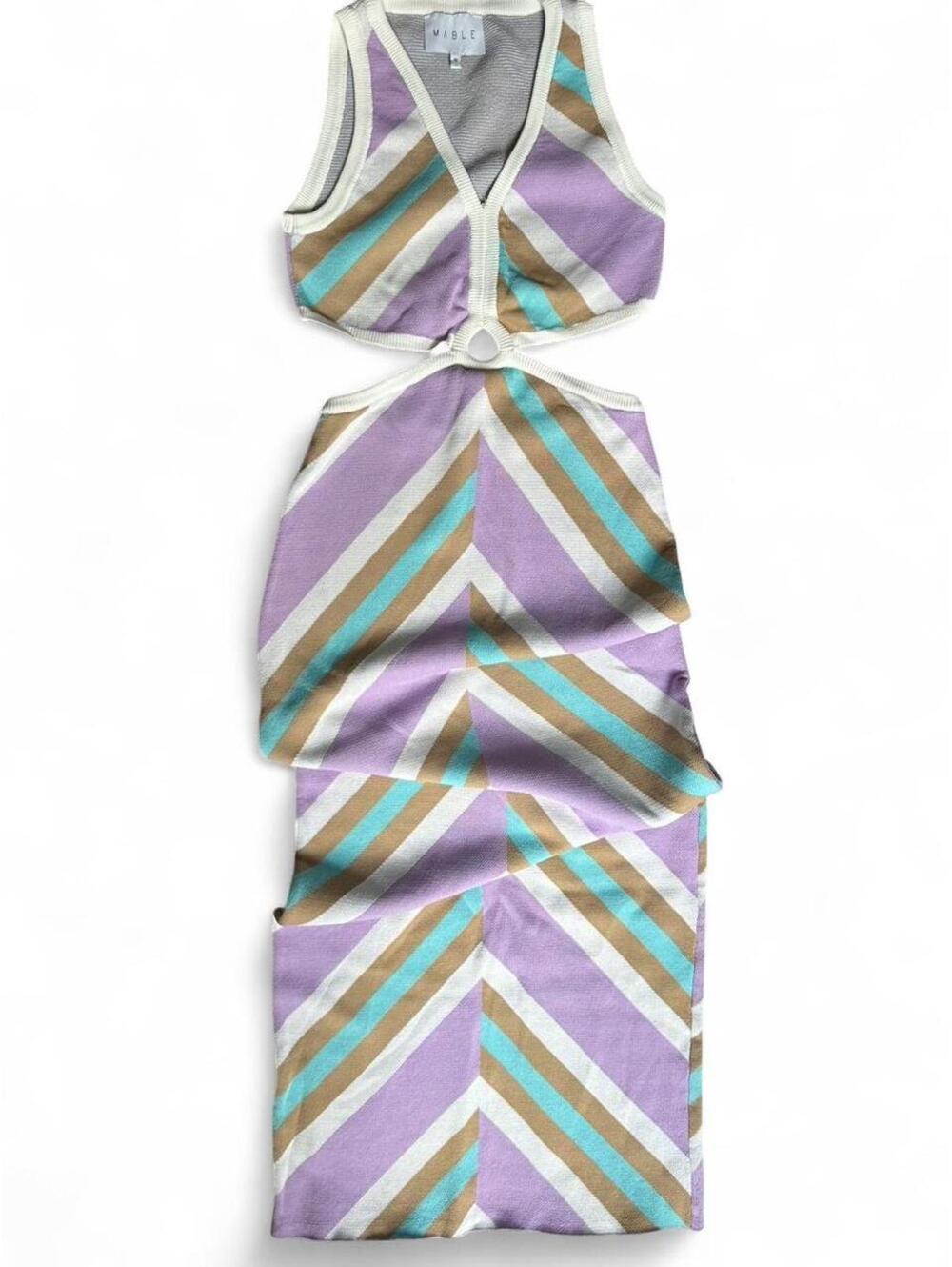 Mable Albane Women’s M Chevron Knit Midi Dress Cutout O Ring Bodycon Multi